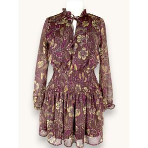 Jolie & Joy Sheer Boho Paisley Mini Dress Smocked Waist Burgundy Gold M